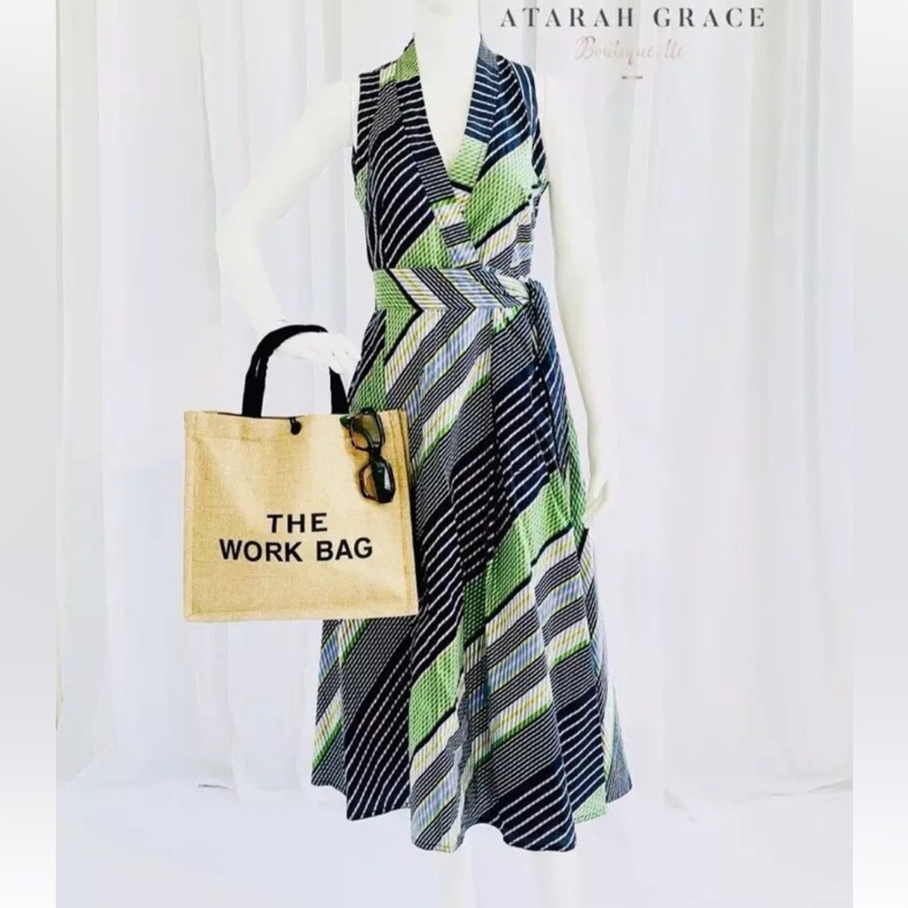 Tory Burch Dress Overprinted Blue Green Stripes Sleeveless Wrap Midi Size 0